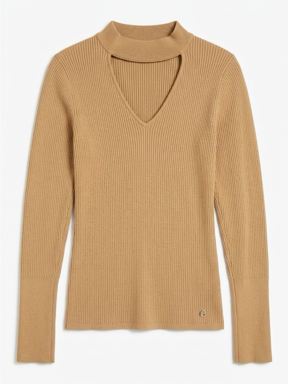 Guess Camel Ribbed Mock V-Neck Turtleneck Sweater